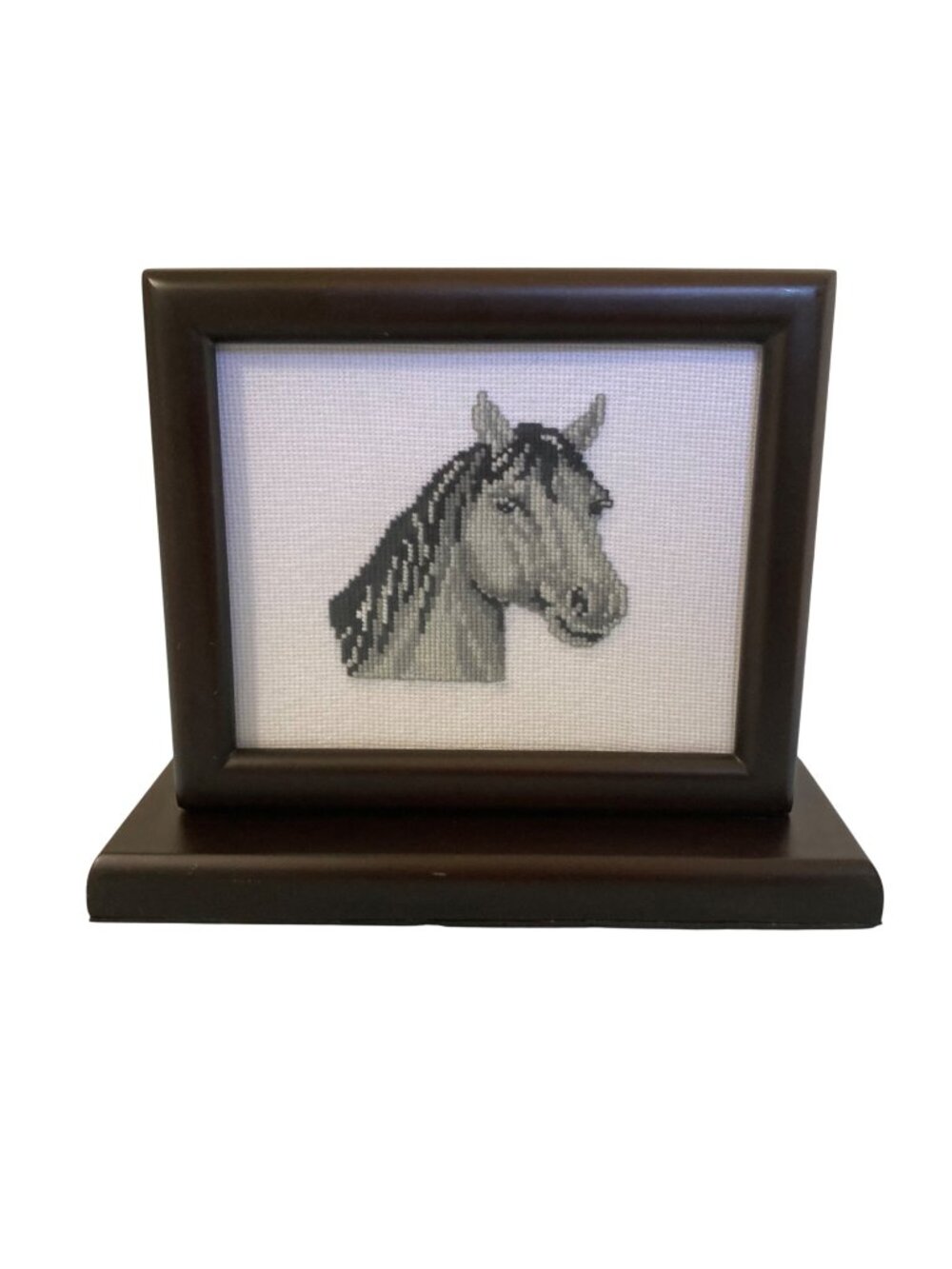 Framed Horse Head Cross Stitch Art In Wooden Stand Pen Pencil Holder